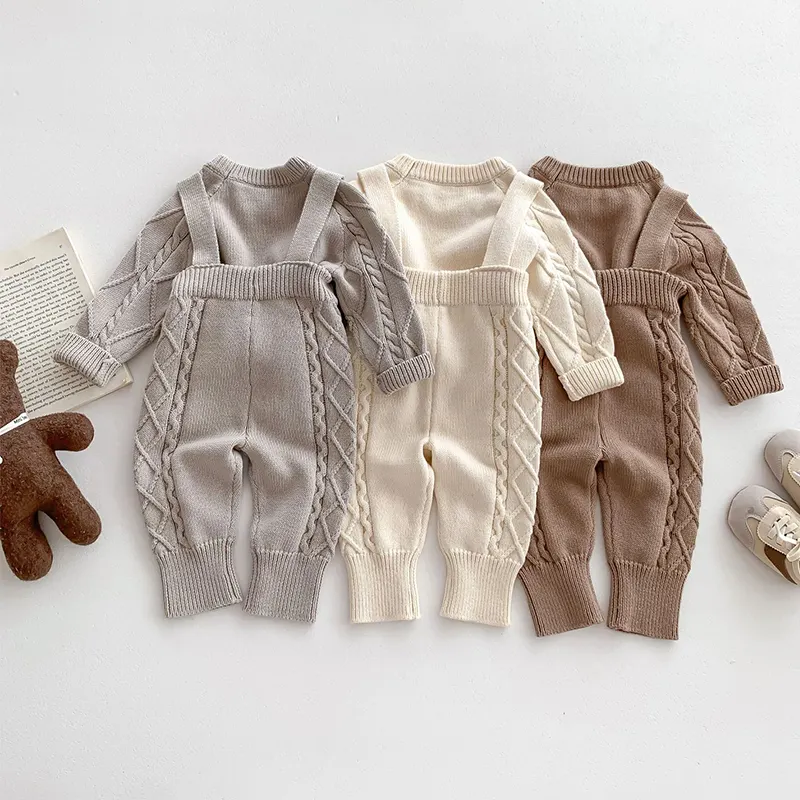 Fashion Knitted Baby Strap Pants 2 piece Boys' Long Sleeve Sweater Jumpsuit Set Cotton Toddler Clothing