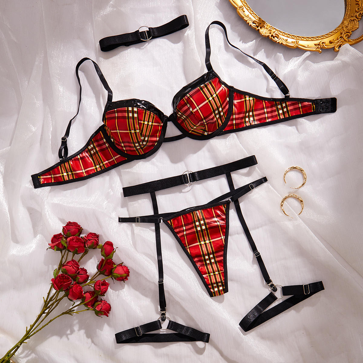 European And American Women's Exotic Lingerie Pu Leather Plaid Fun Set