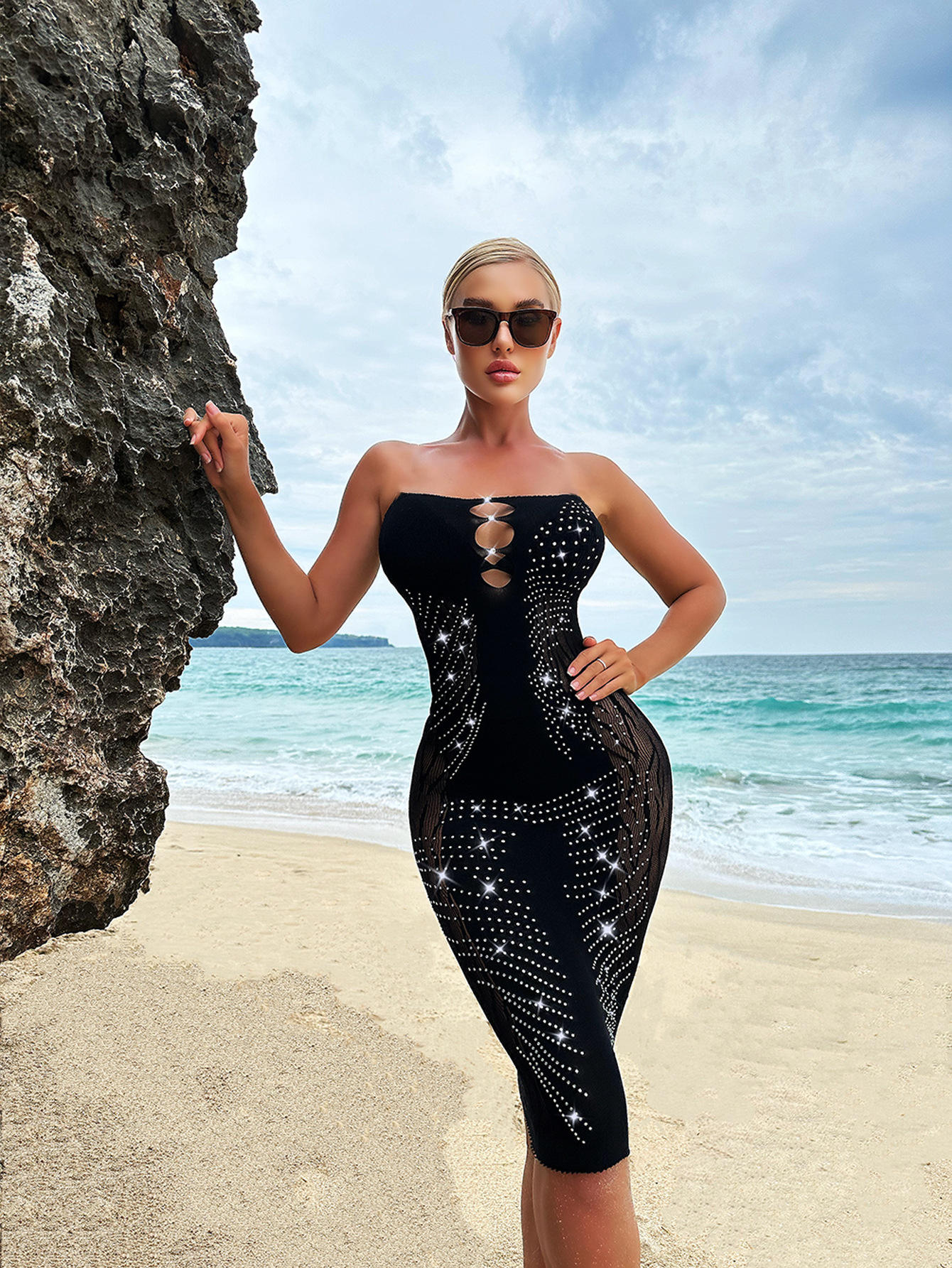 Women's Elegant Sexy Hot Pressed Diamond Mesh Long Dress